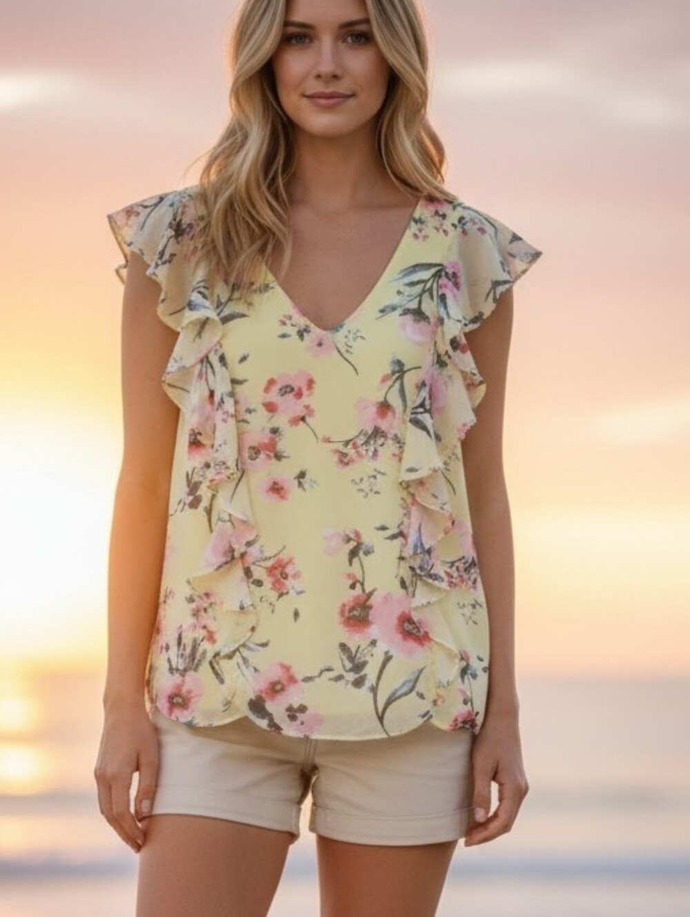 Clearence - by & by Yellow Floral V-Neck Top